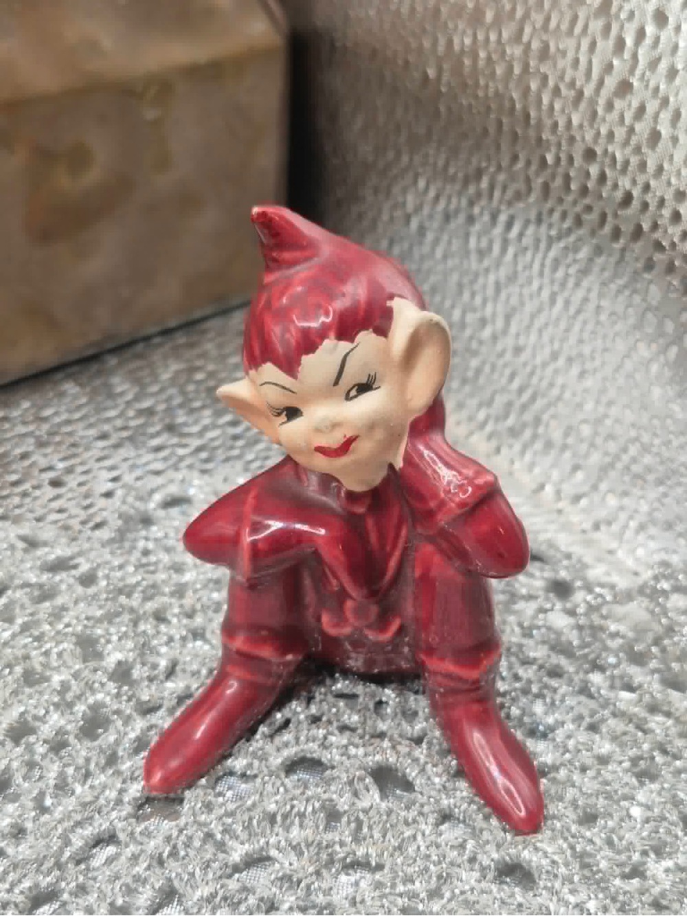 MCM Vintage Red Burgundy Gilner Pixie - 1950s Christmas Elf Sitting in Leaf Hat
